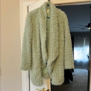 Mustard Seed Green Teddy Jacket with Fuzzy Texture and Open Front Style